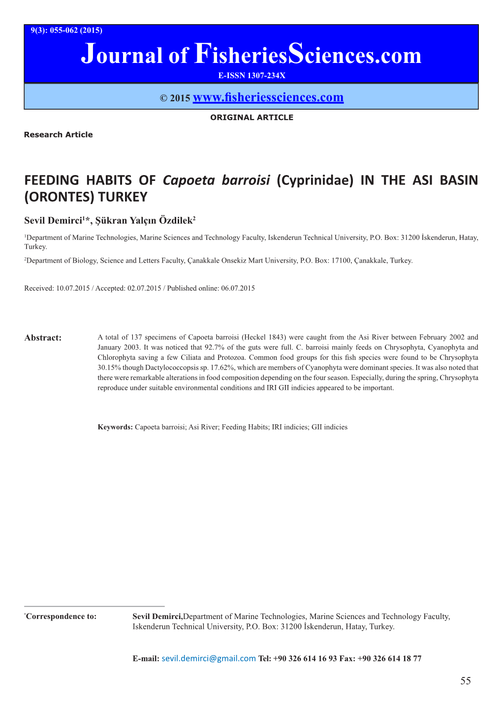FEEDING HABITS of Capoeta Barroisi (Cyprinidae) in the ASI BASIN (ORONTES) TURKEY
