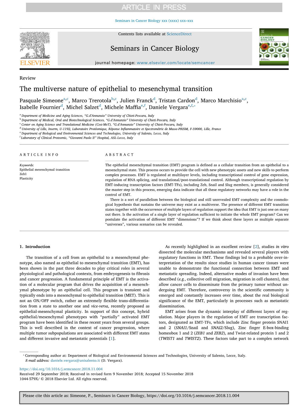 The Multiverse Nature of Epithelial to Mesenchymal Transition