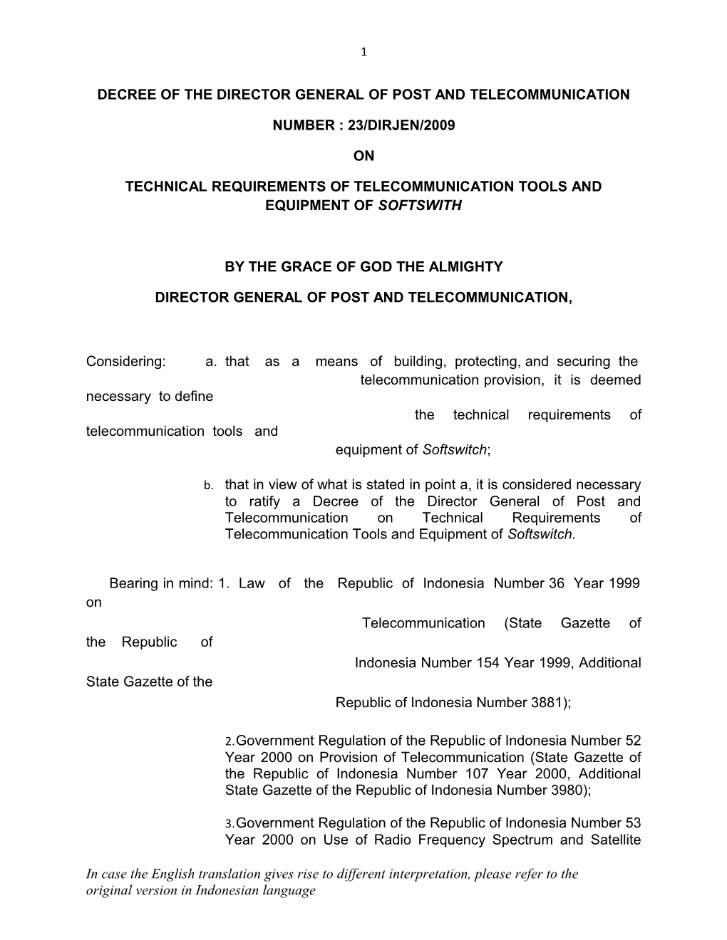 Decree of the Director General of Post and Telecommunication