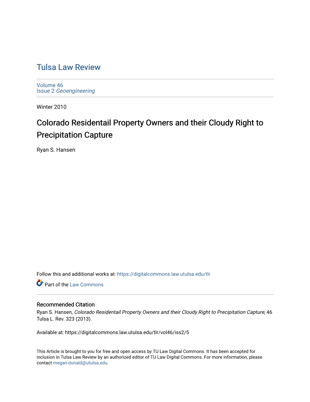 Colorado Residentail Property Owners and Their Cloudy Right to Precipitation Capture