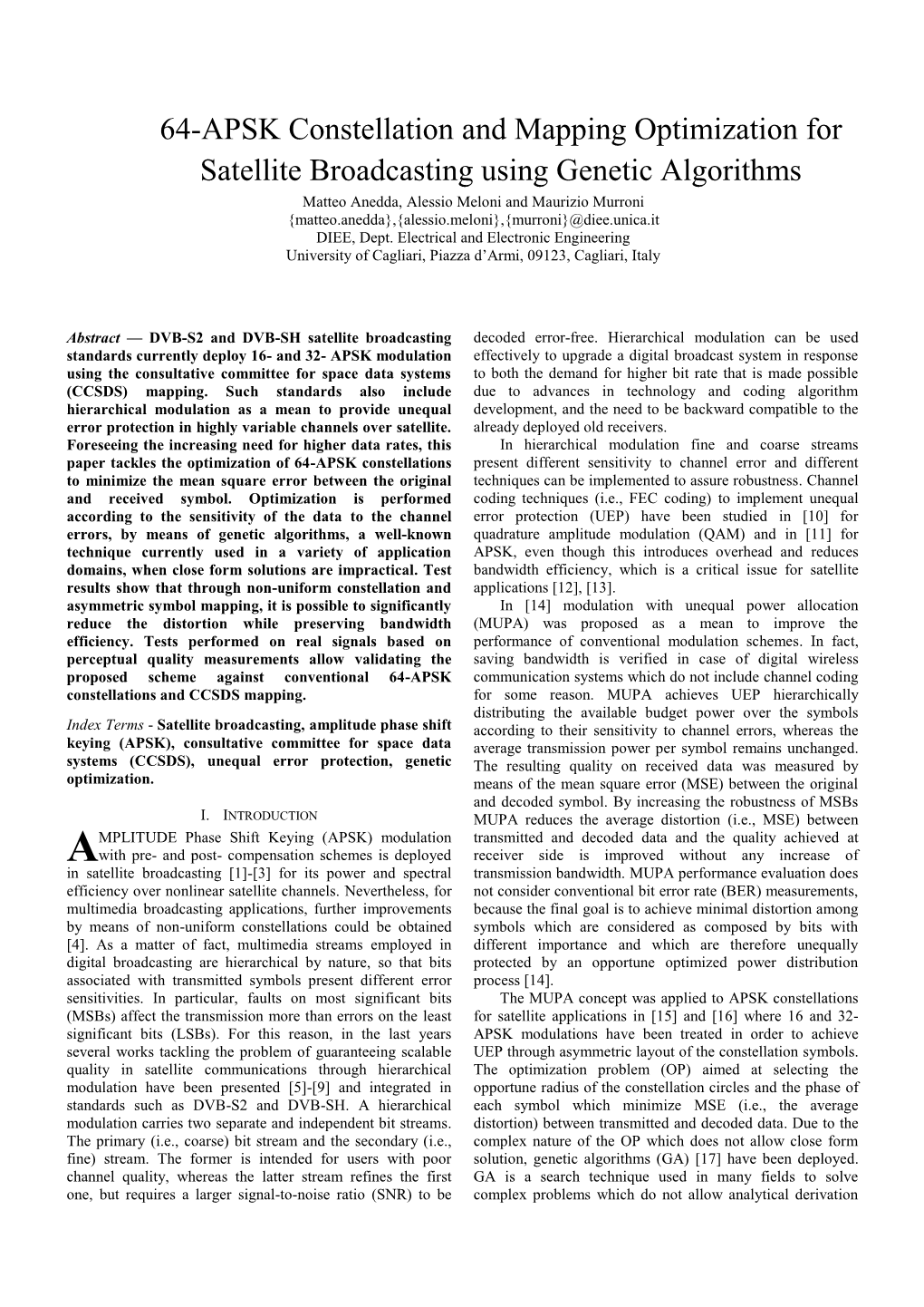 64-APSK Constellation and Mapping Optimization for Satellite Broadcasting Using Genetic Algorithms