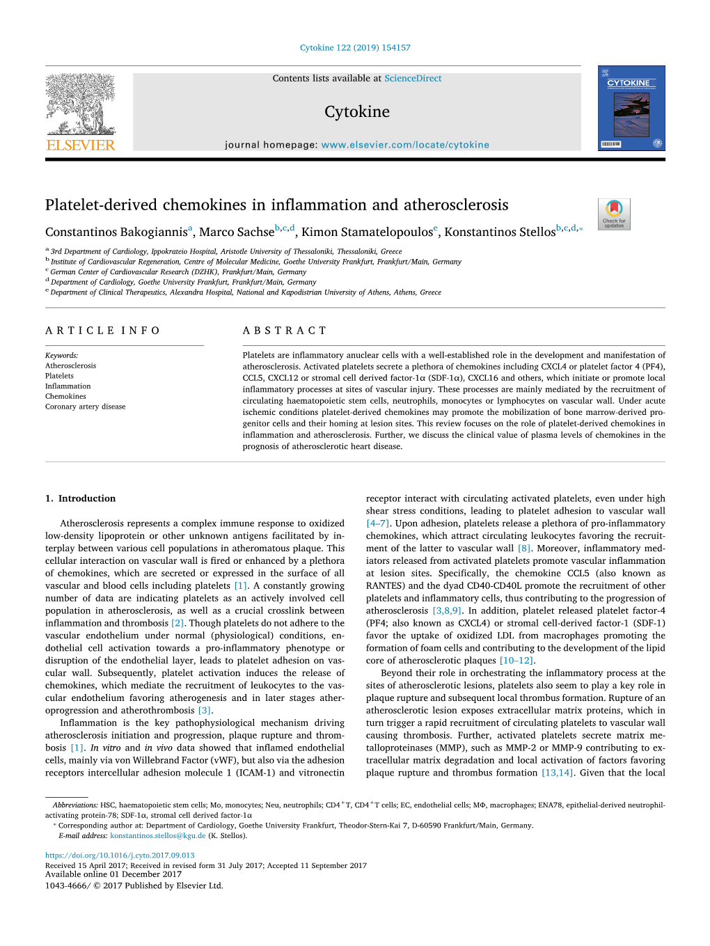 Platelet-Derived Chemokines in Inflammation and Atherosclerosis