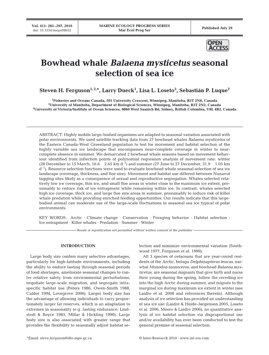 Bowhead Whale Balaena Mysticetus Seasonal Selection of Sea Ice