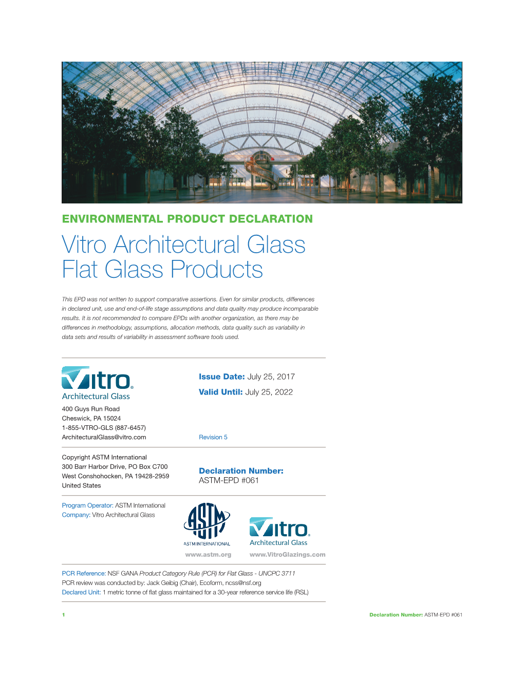 EPD for Vitro Architectural Glass – Flat Glass Products