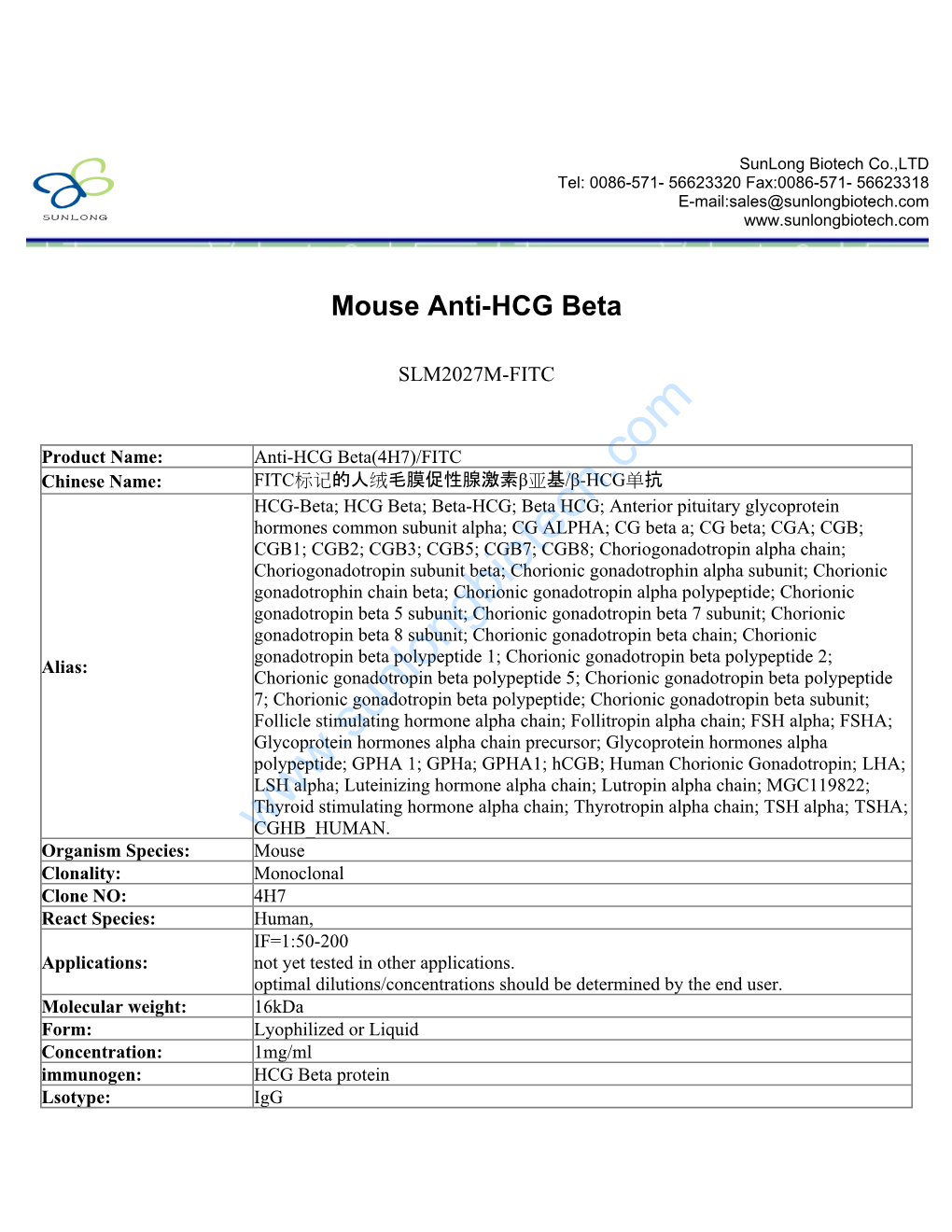 Mouse Anti-HCG Beta-SLM2027M-FITC