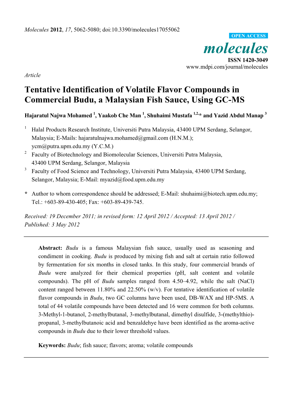 Tentative Identification of Volatile Flavor Compounds in Commercial Budu, a Malaysian Fish Sauce, Using GC-MS