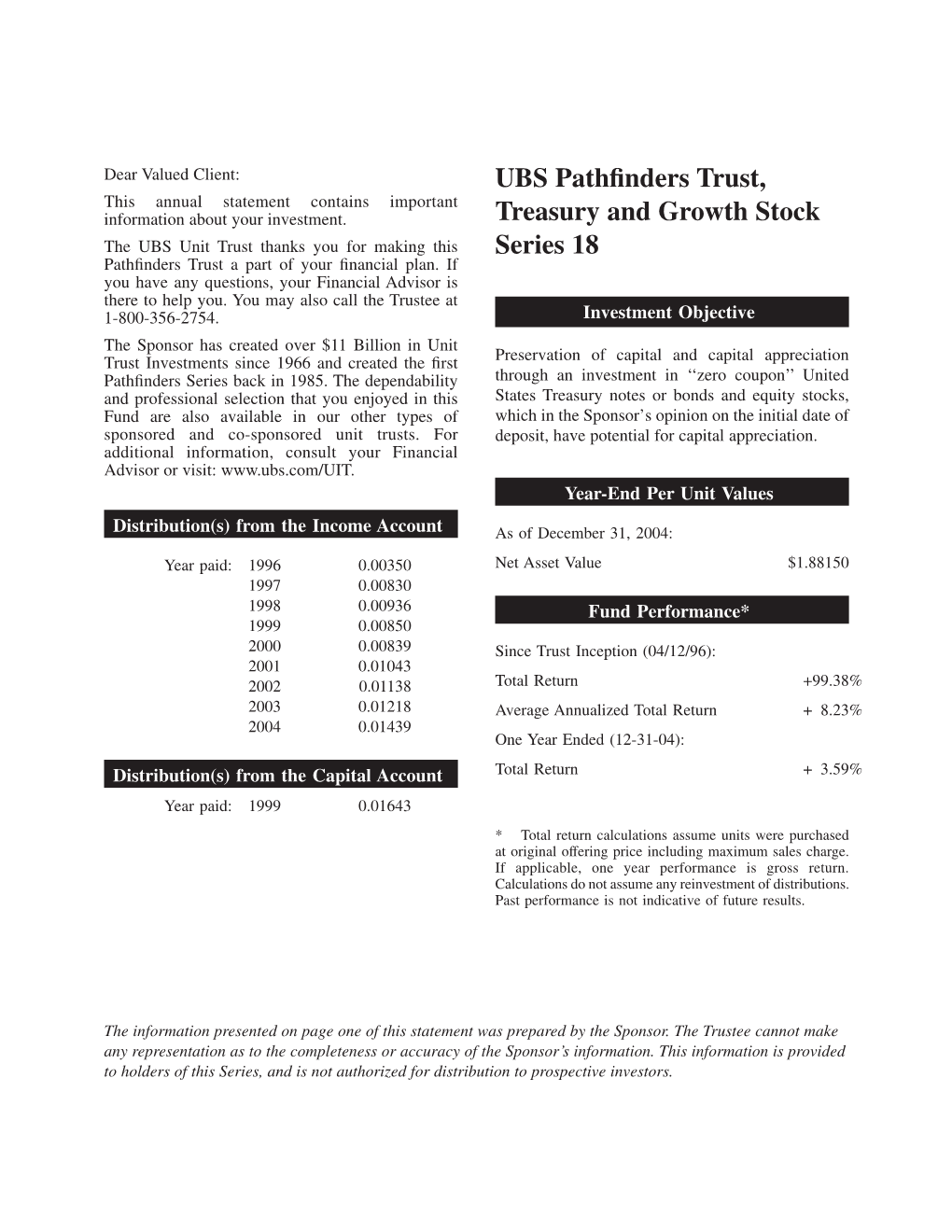 UBS Pathfinders Trust, Treasury and Growth Stock Series 18