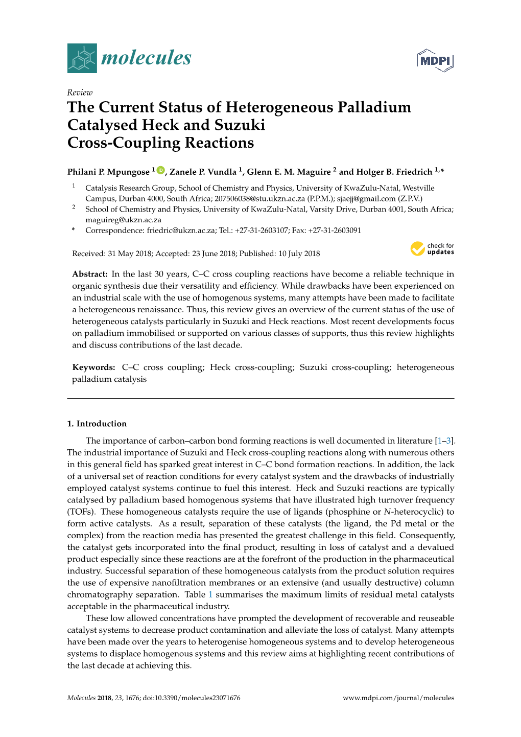 The Current Status of Heterogeneous Palladium Catalysed Heck and Suzuki Cross-Coupling Reactions