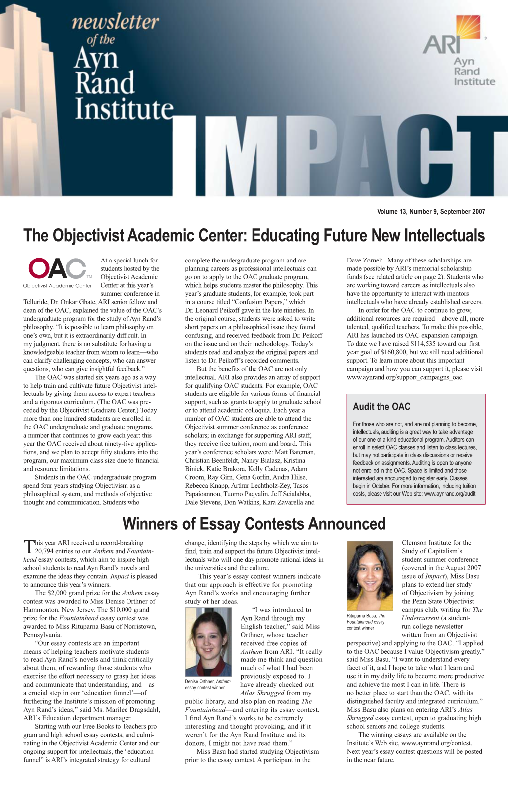 The Objectivist Academic Center: Educating Future New Intellectuals Winners of Essay Contests Announced
