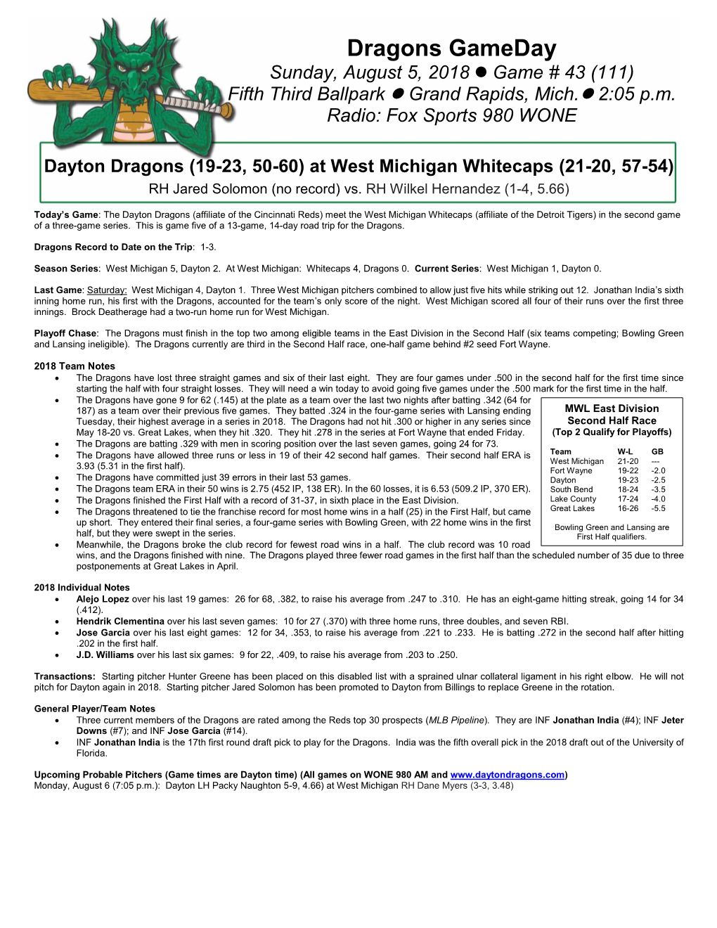 Dragons Gameday Sunday, August 5, 2018  Game # 43 (111) Fifth Third Ballpark  Grand Rapids, Mich. 2:05 P.M