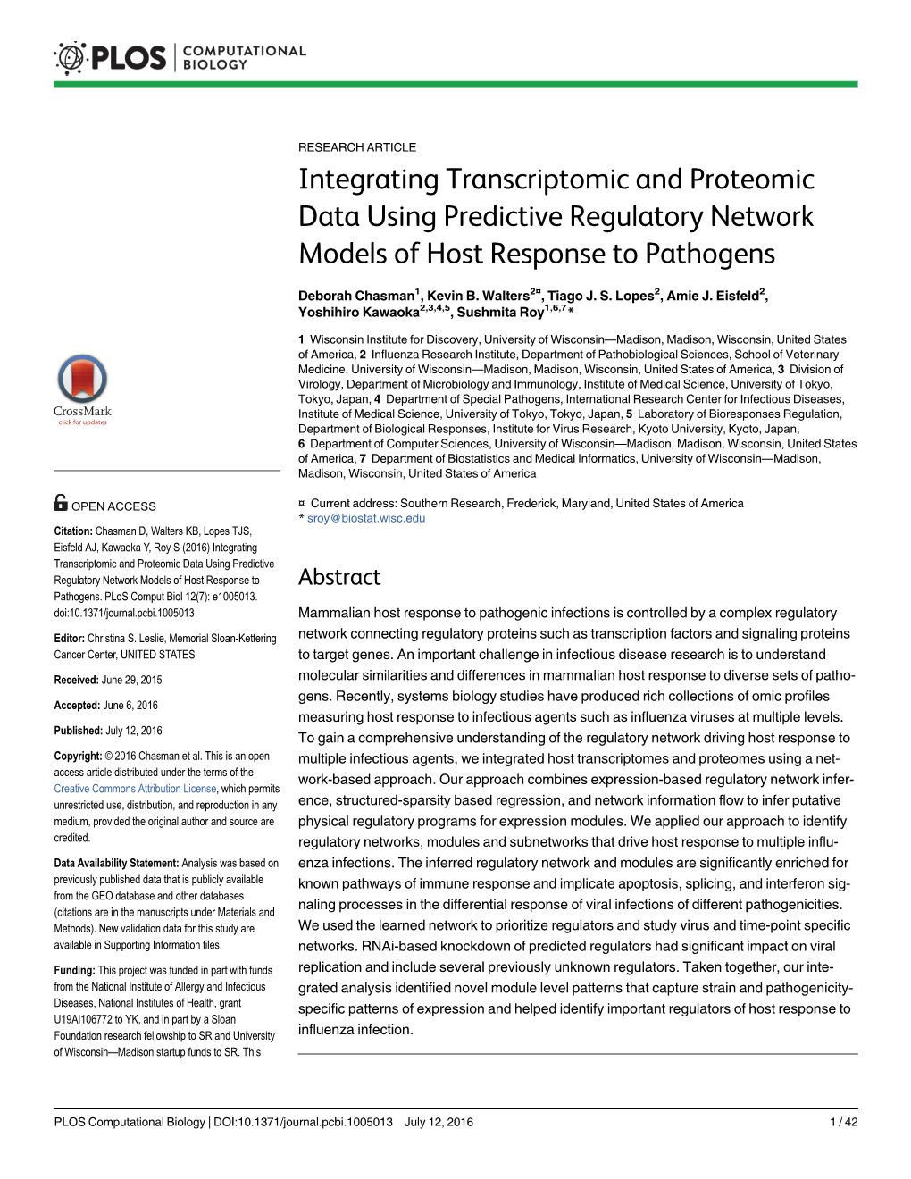 Integrating Transcriptomic and Proteomic Data Using Predictive Regulatory Network Models of Host Response to Pathogens