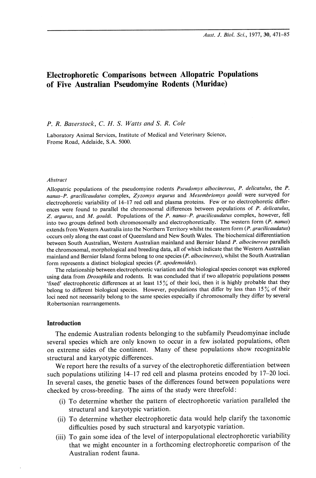 Electrophoretic Comparisons Between Allopatric Populations of Five Australian Pseudomyine Rodents (Muridae)