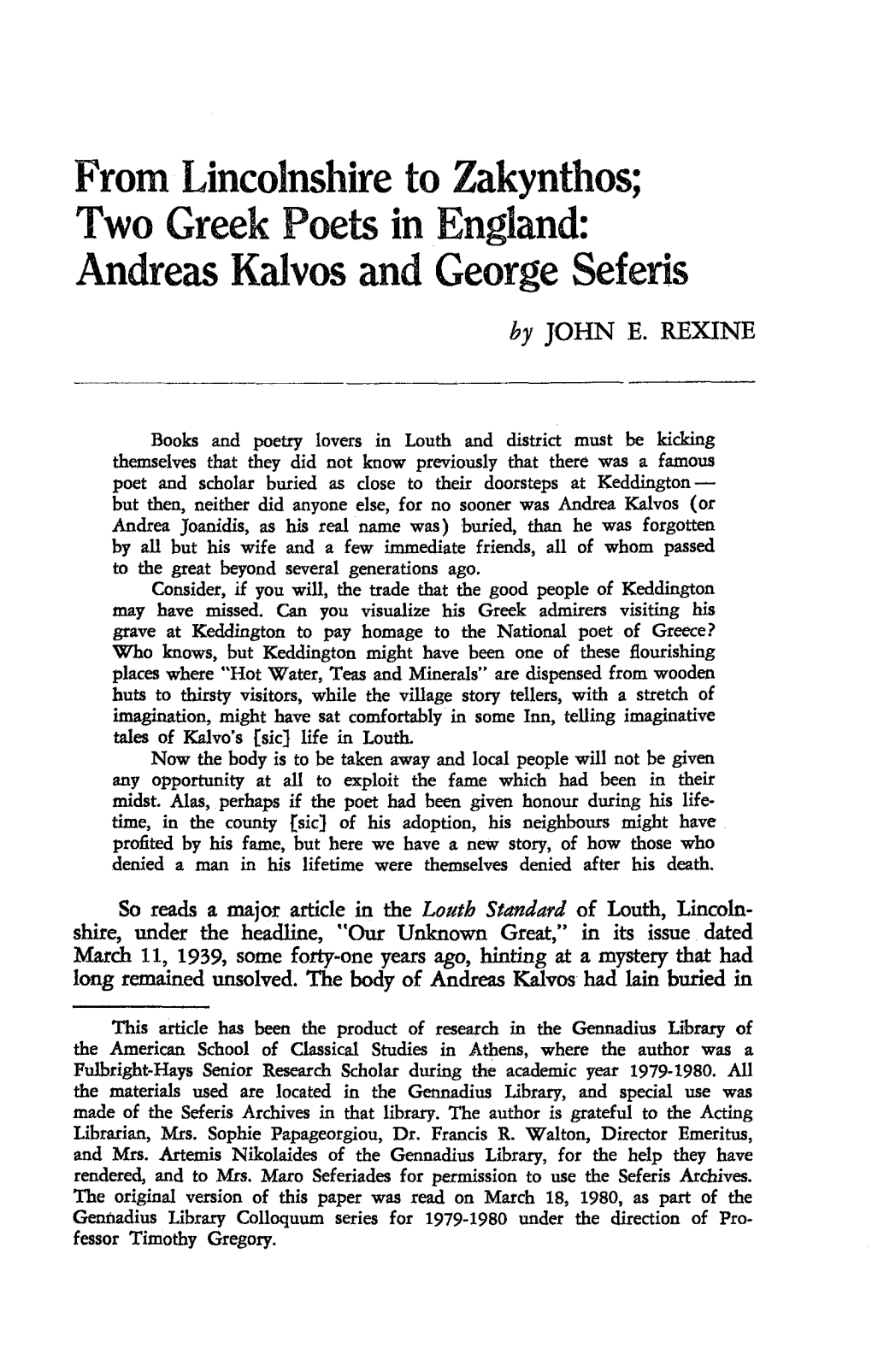 From Lincolnshire to Zakynthos; Two Greek Poets in England: Andreas Kalvos and George Seferis by JOHN E