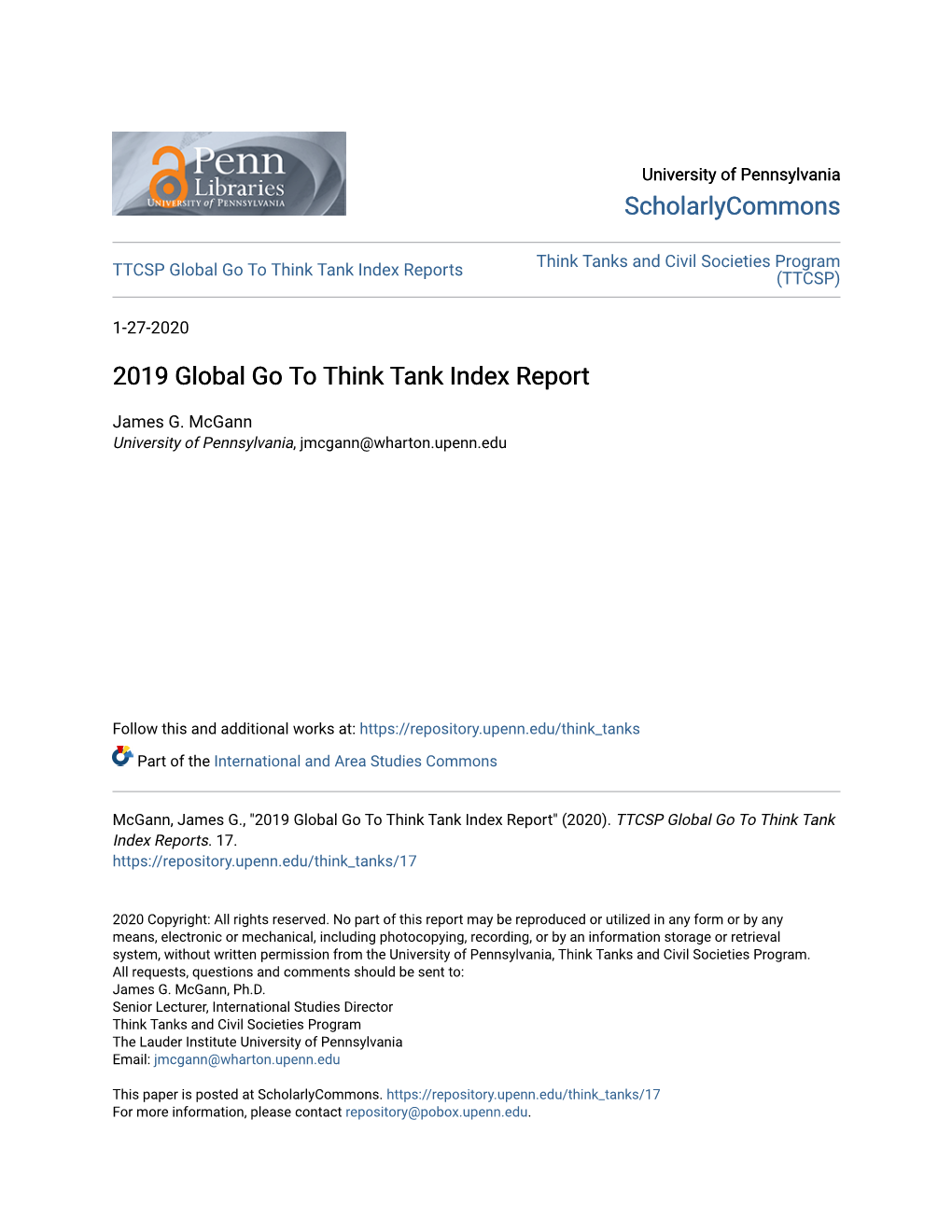 2019 Global Go to Think Tank Index Report