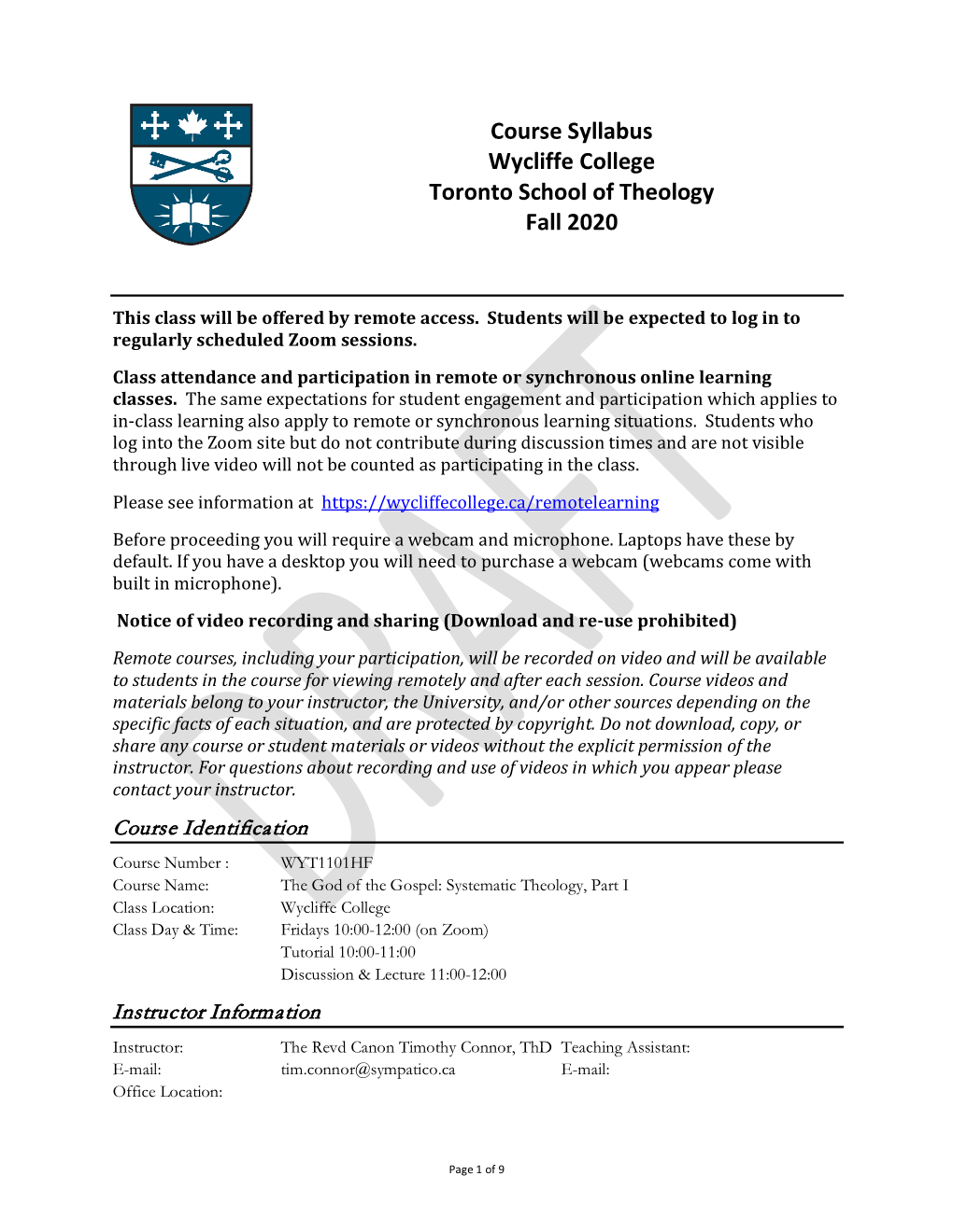 Course Syllabus Wycliffe College Toronto School of Theology Fall 2020