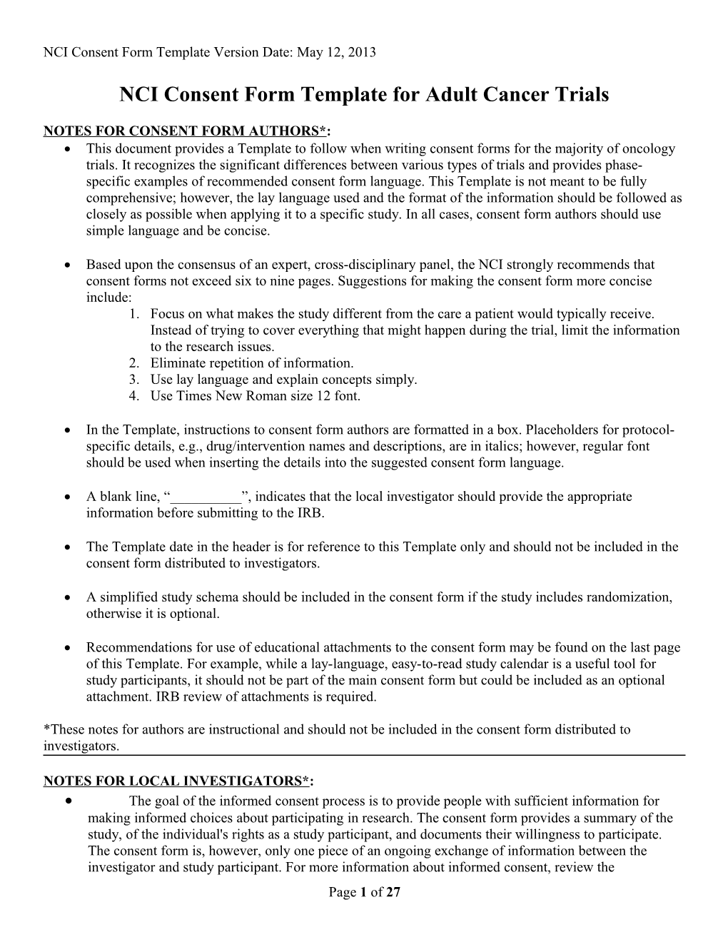 NCI Consent Form Template for Adult Cancer Trials