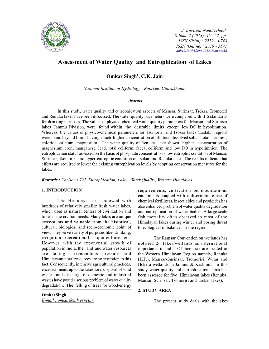 Assessment of Water Quality and Eutrophication of Lakes