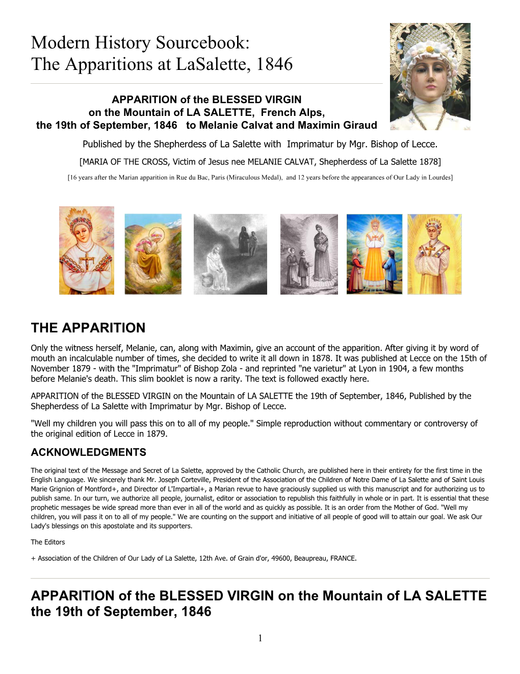 Modern History Sourcebook: the Apparitions at Lasalette, 1846
