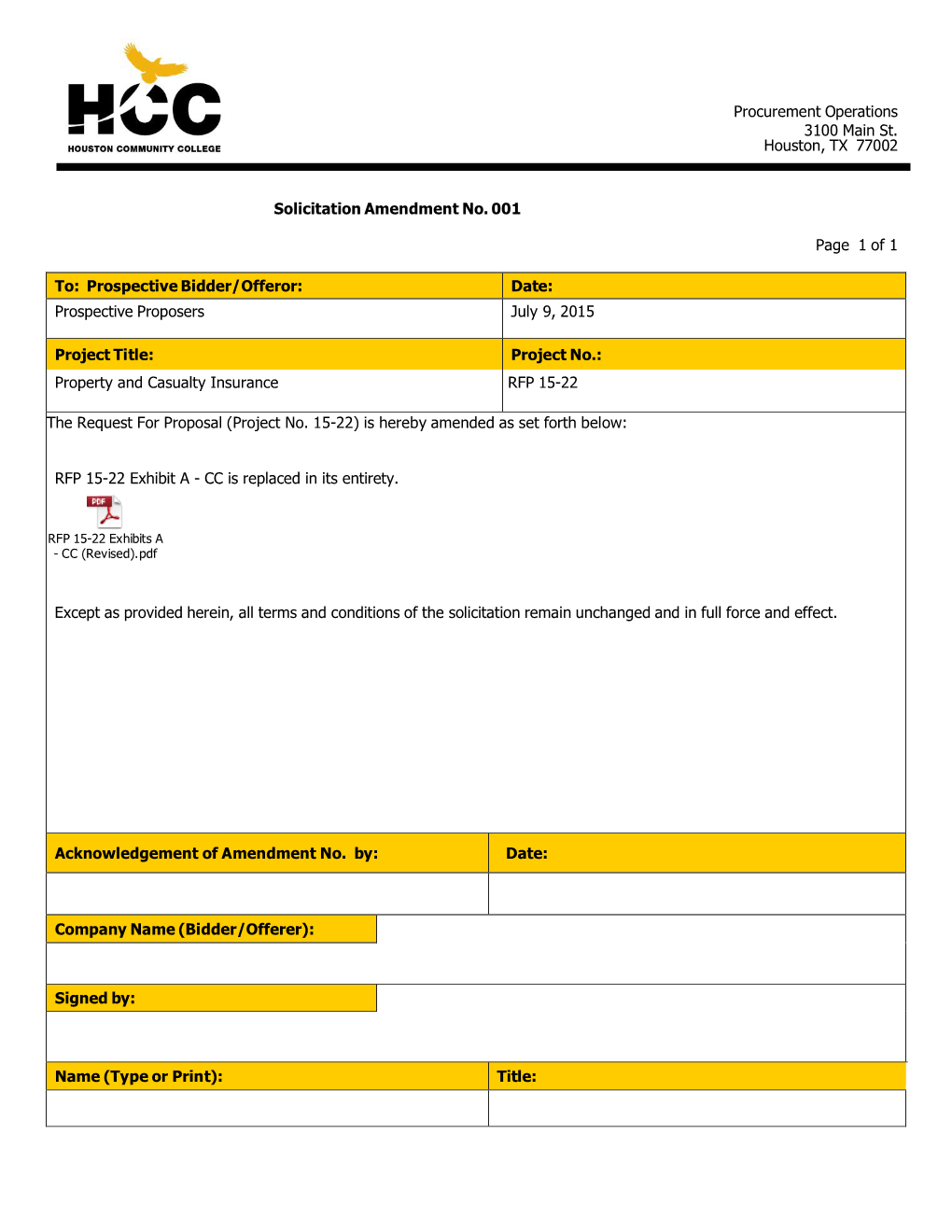 Prospective Bidder/Offeror: Date: Prospective Proposers July 9, 2015