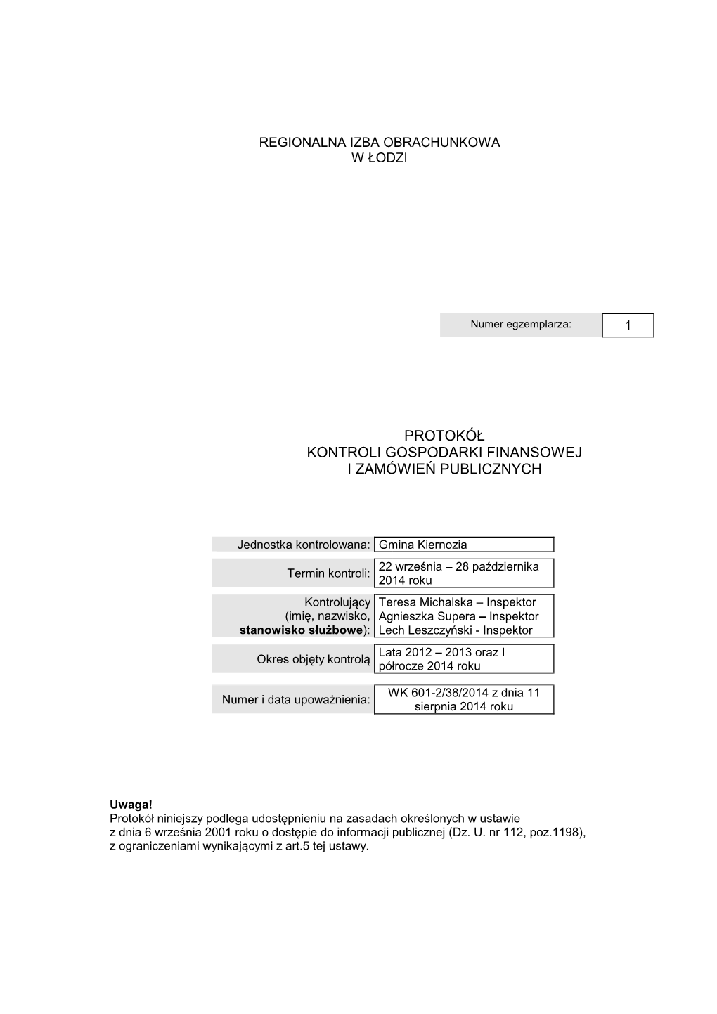 Protokół Kontroli Gospodarki Finansowej I Zamówień Publicznych