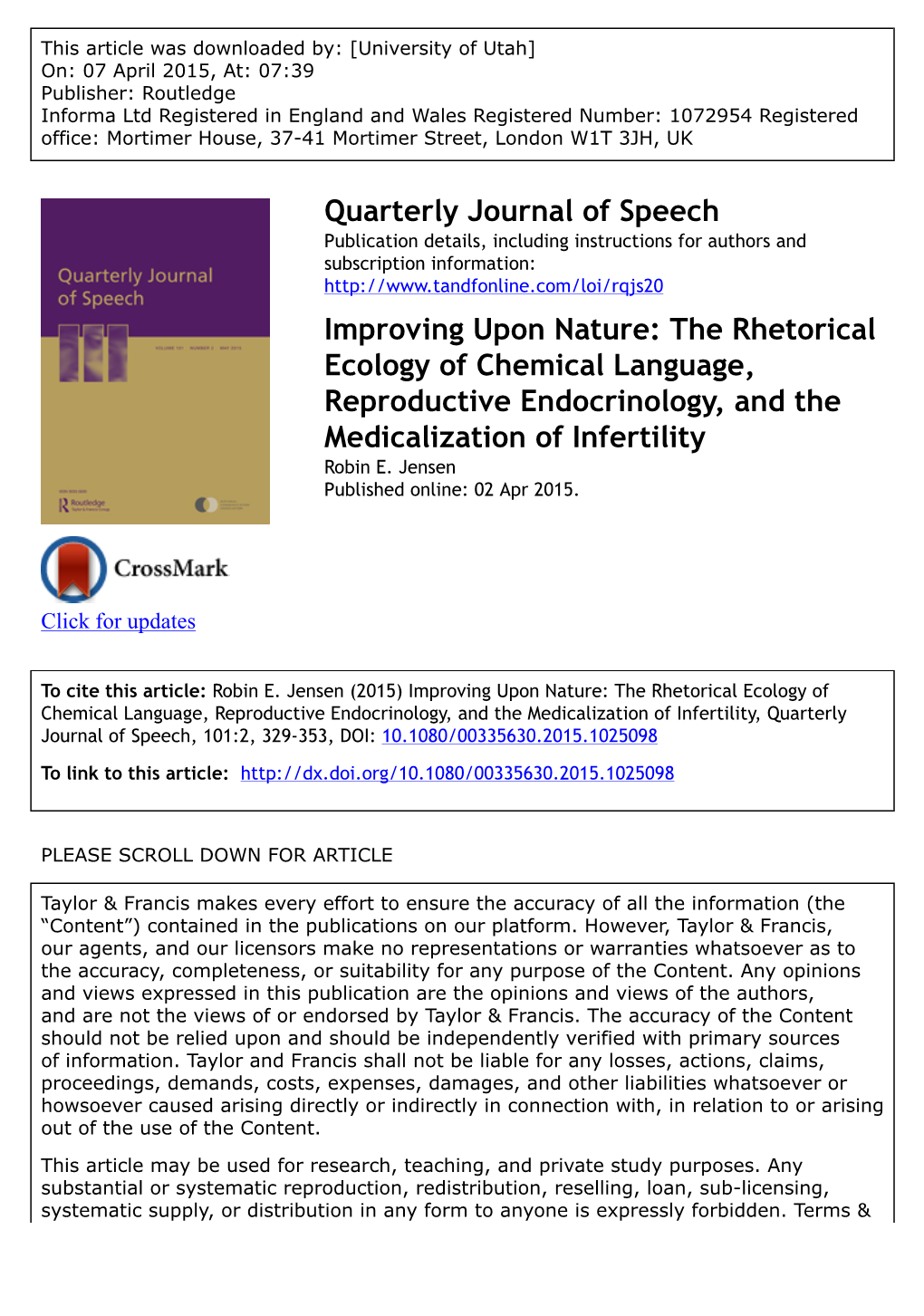 Improving Upon Nature: the Rhetorical Ecology of Chemical Language, Reproductive Endocrinology, and the Medicalization of Infertility Robin E