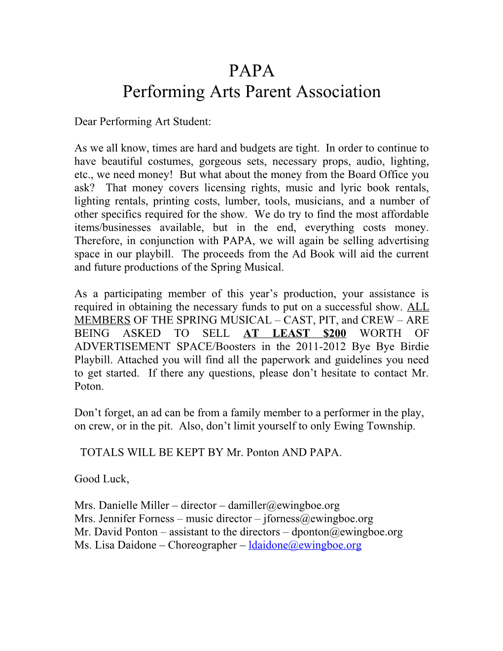 Performing Arts Parent Association