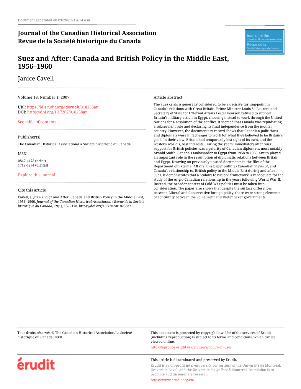 Suez and After: Canada and British Policy in the Middle East, 1956–1960 Janice Cavell