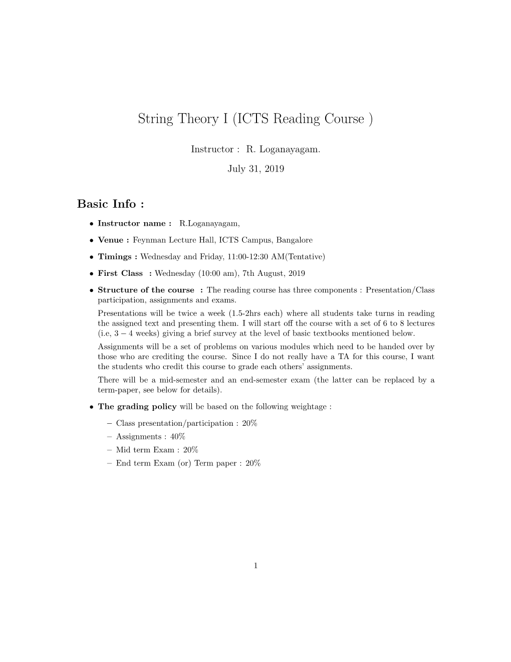 String Theory I (ICTS Reading Course )