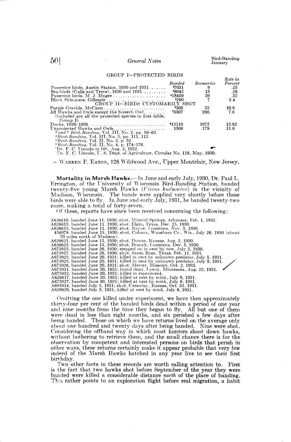 Mortality in Marsh Hawks.---In June and Early July, 1930, Dr