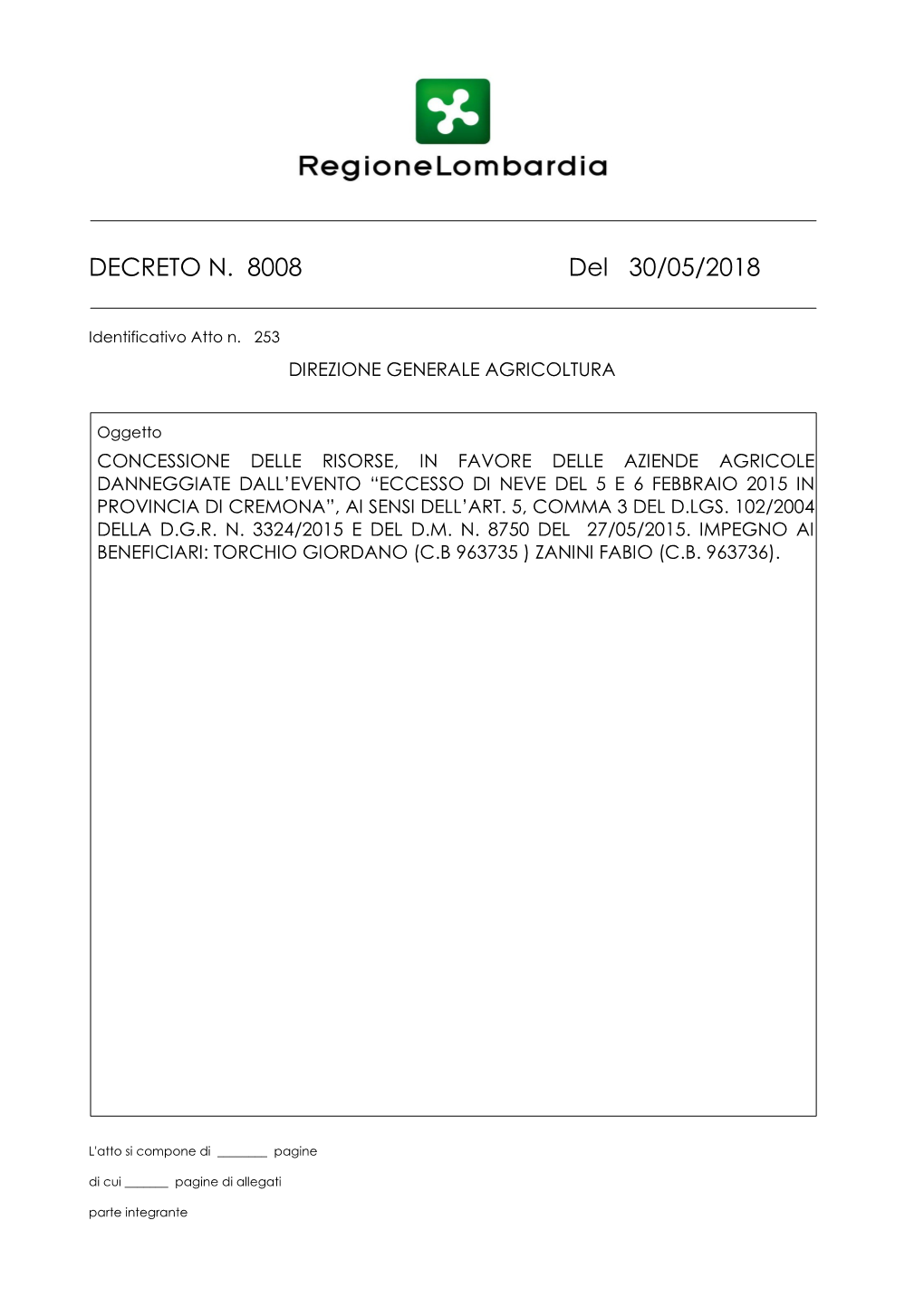 DECRETO N. 8008 Del 30/05/2018