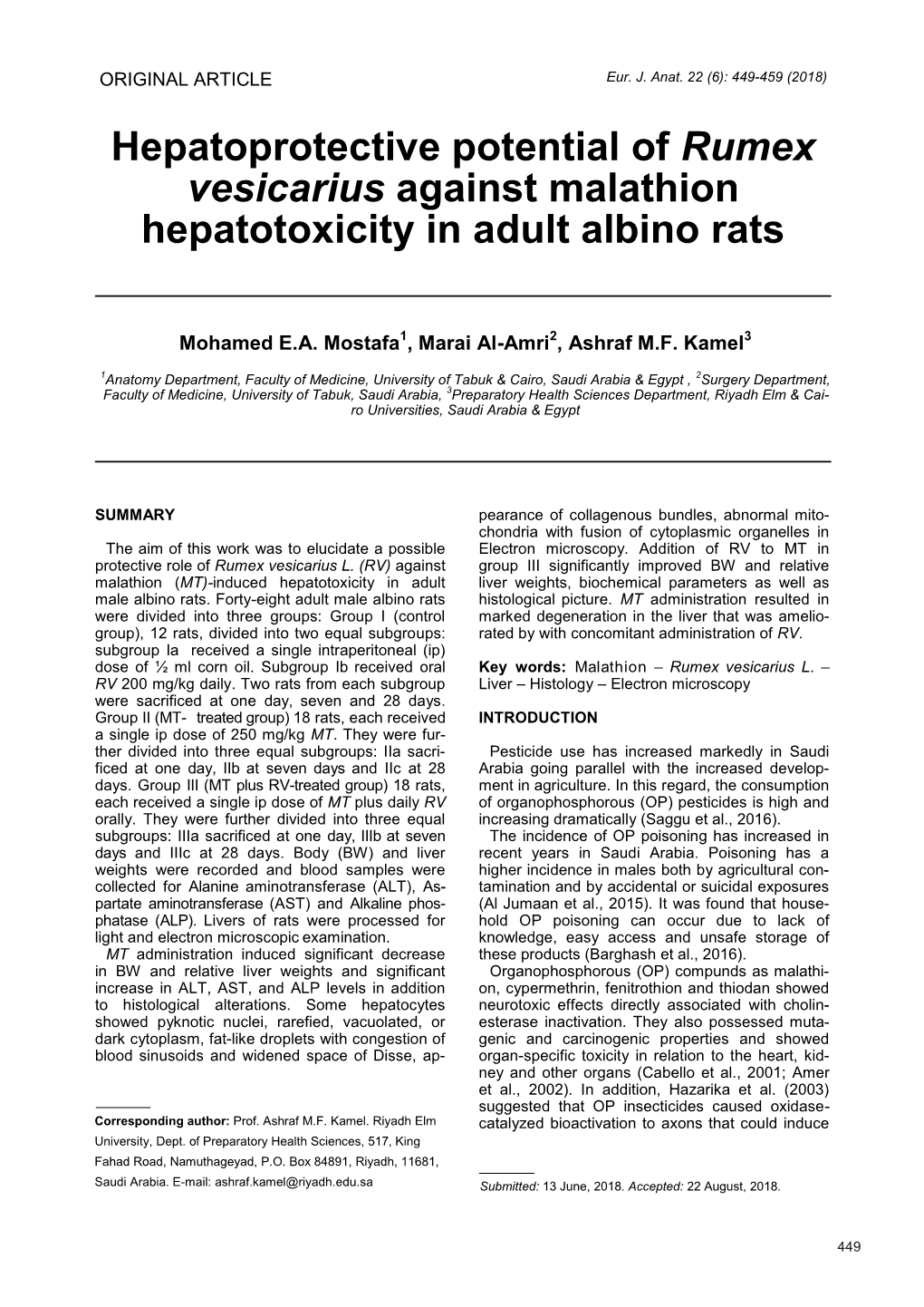 Hepatoprotective Potential of Rumex Vesicarius Against Malathion Hepatotoxicity in Adult Albino Rats