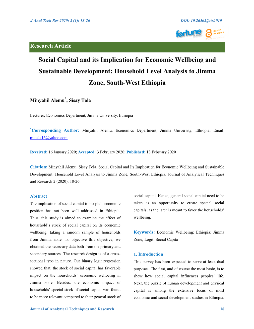 Social Capital and Its Implication for Economic Wellbeing and Sustainable Development: Household Level Analysis to Jimma Zone, South-West Ethiopia