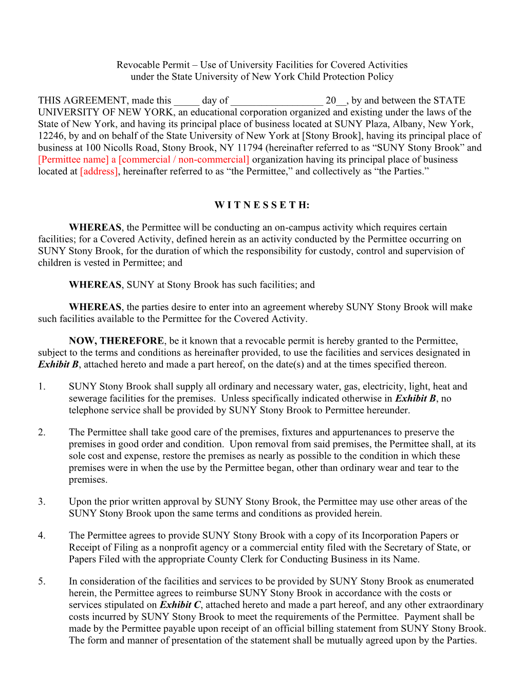 Revocable Permit – Use of University Facilities for Covered Activities Under the State University of New York Child Protection Policy