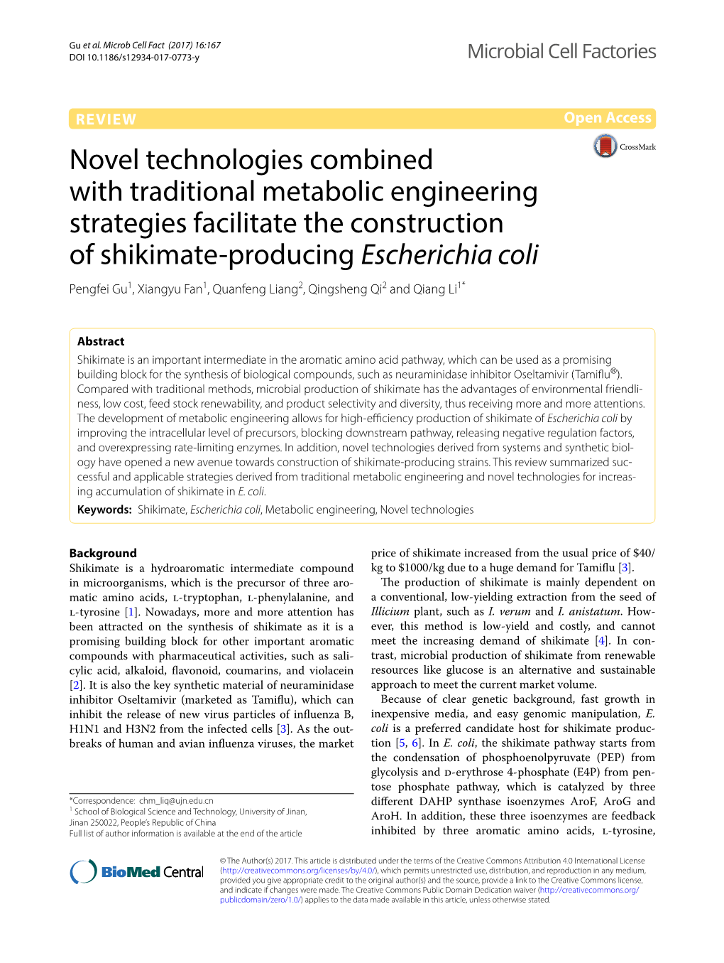 Escherichia Coli Pengfei Gu1, Xiangyu Fan1, Quanfeng Liang2, Qingsheng Qi2 and Qiang Li1*