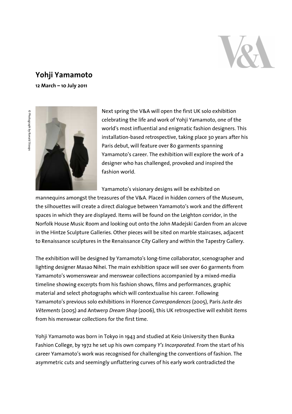 Yohji Yamamoto 12 March – 10 July 2011