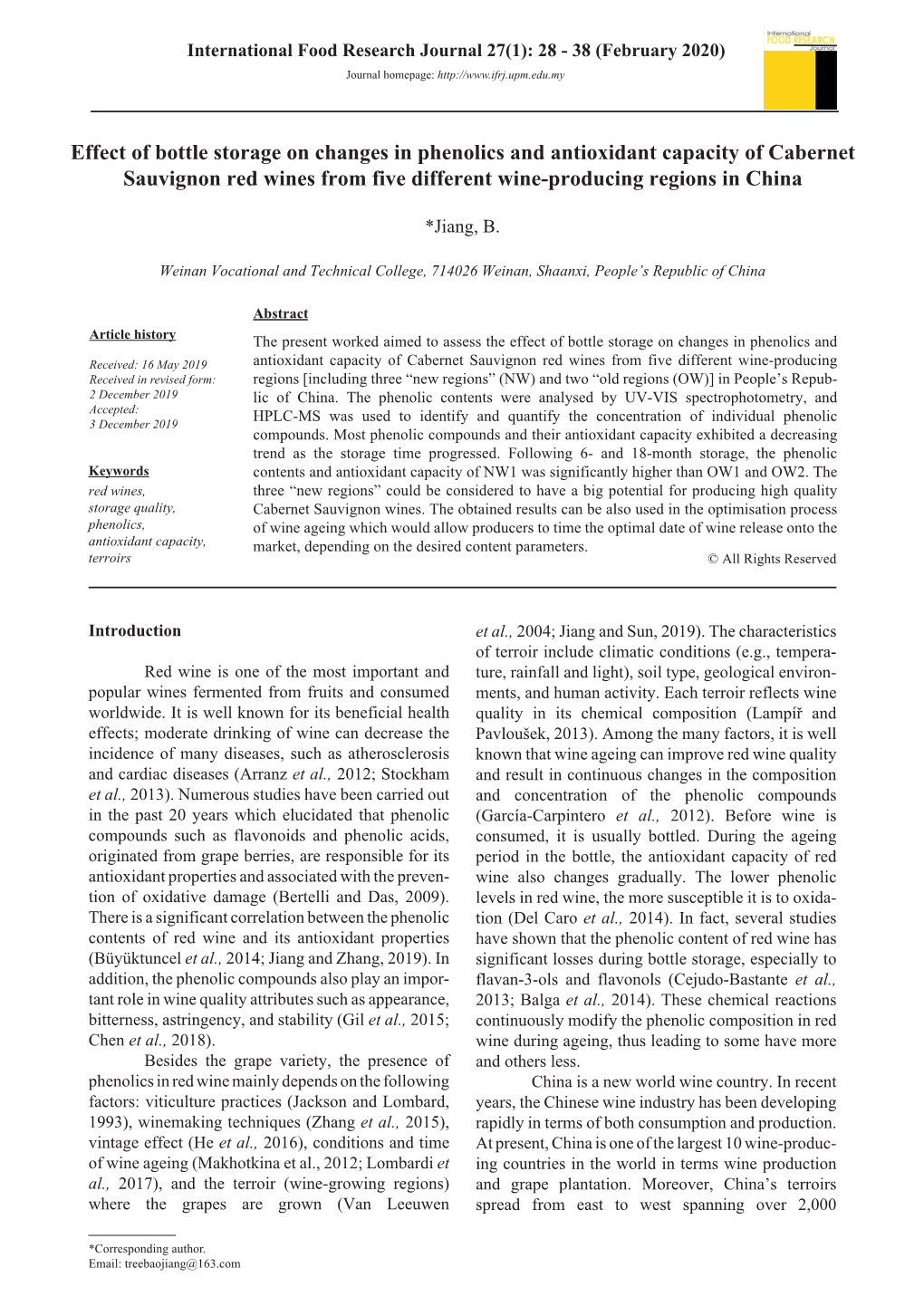 Effect of Bottle Storage on Changes in Phenolics and Antioxidant Capacity of Cabernet Sauvignon Red Wines from Five Different Wine-Producing Regions in China