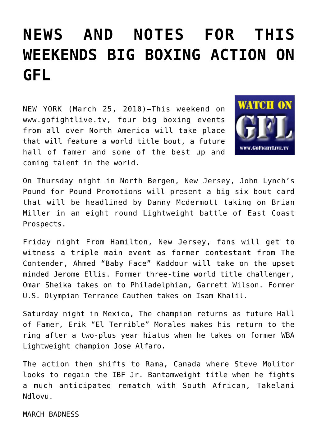 News and Notes for This Weekends Big Boxing Action on Gfl