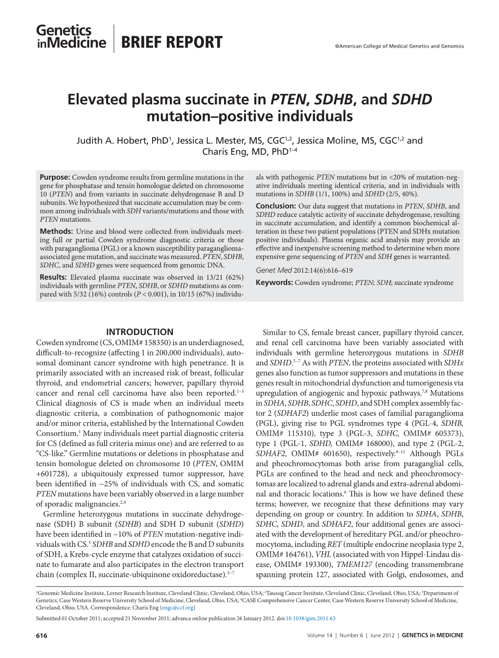 Elevated Plasma Succinate in PTEN, SDHB, and SDHD Mutation–Positive Individuals