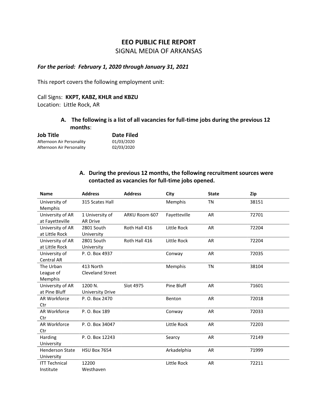 Eeo Public File Report Signal Media of Arkansas