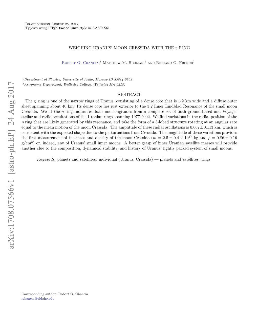 Weighing Uranus' Moon Cressida with the $\Eta $ Ring