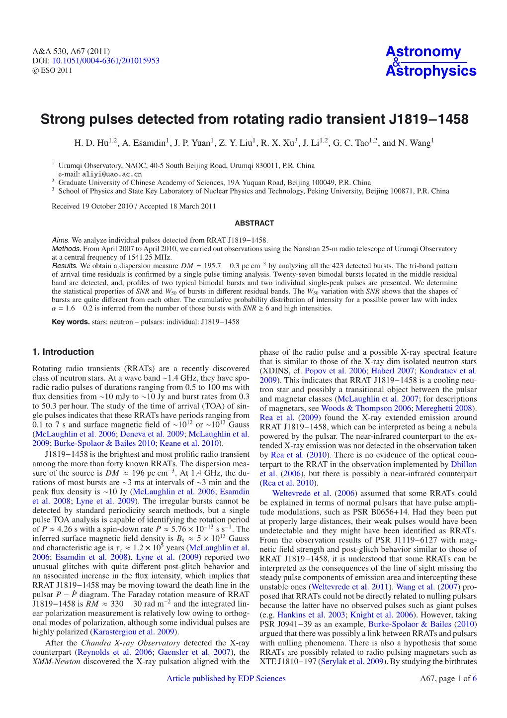 Strong Pulses Detected from Rotating Radio Transient J1819 − 1458