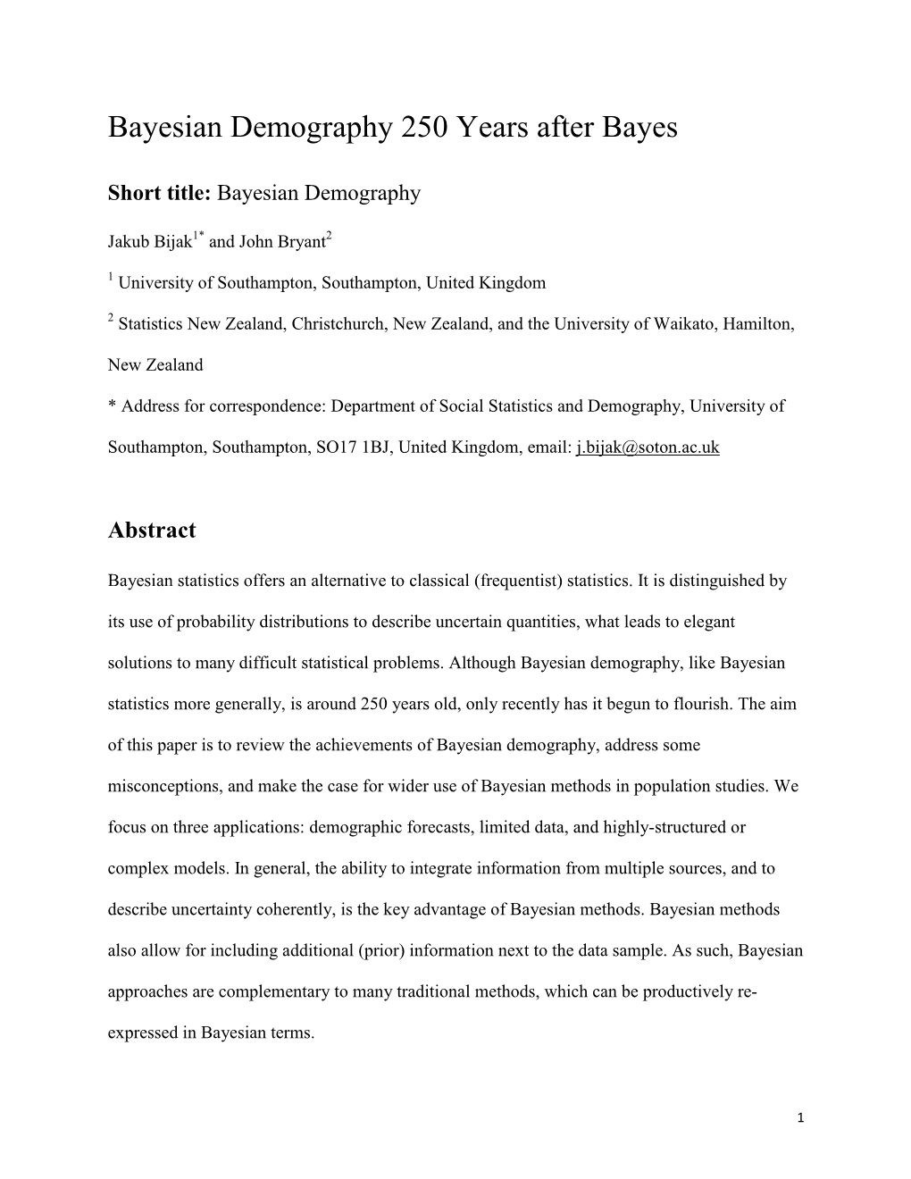 Bayesian Demography 250 Years After Bayes