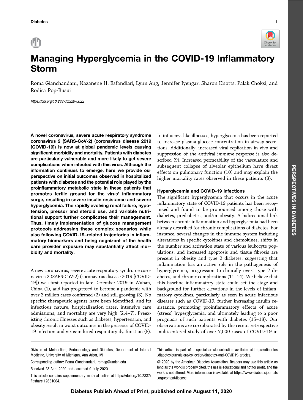 Managing Hyperglycemia in the COVID-19 Inflammatory Storm