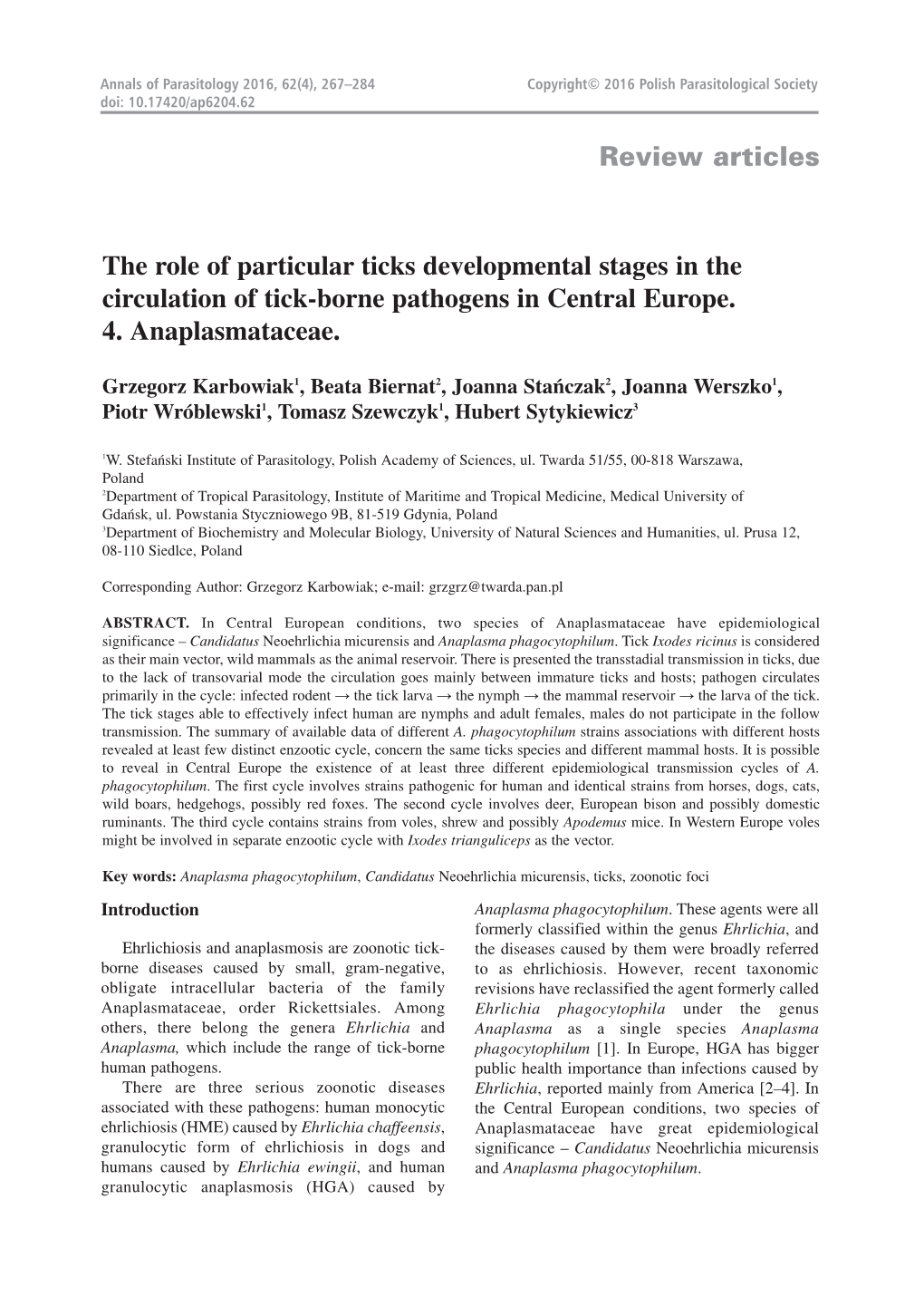 Review Articles the Role of Particular Ticks Developmental Stages in the Circulation of Tick-Borne Pathogens in Central Europe