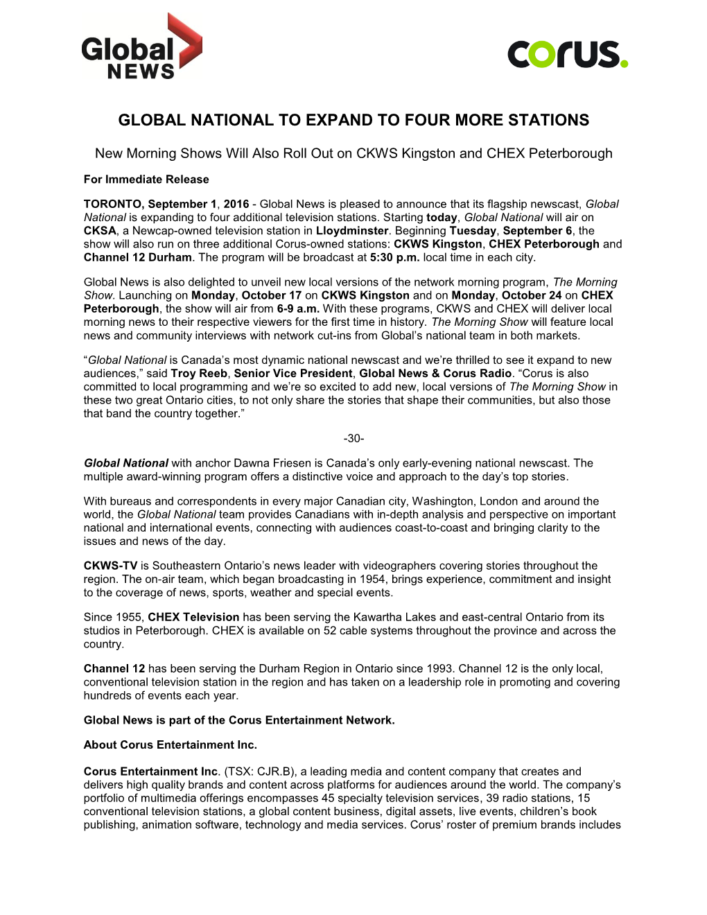 Global National to Expand to Four More Stations