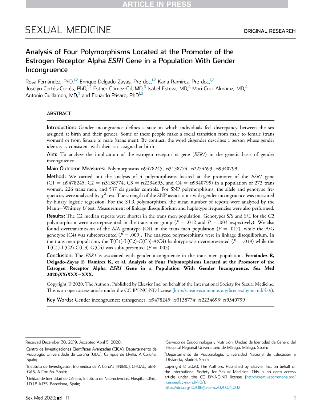 Analysis of Four Polymorphisms Located at the Promoter of the Estrogen Receptor Alpha ESR1 Gene in a Population with Gender Incongruence