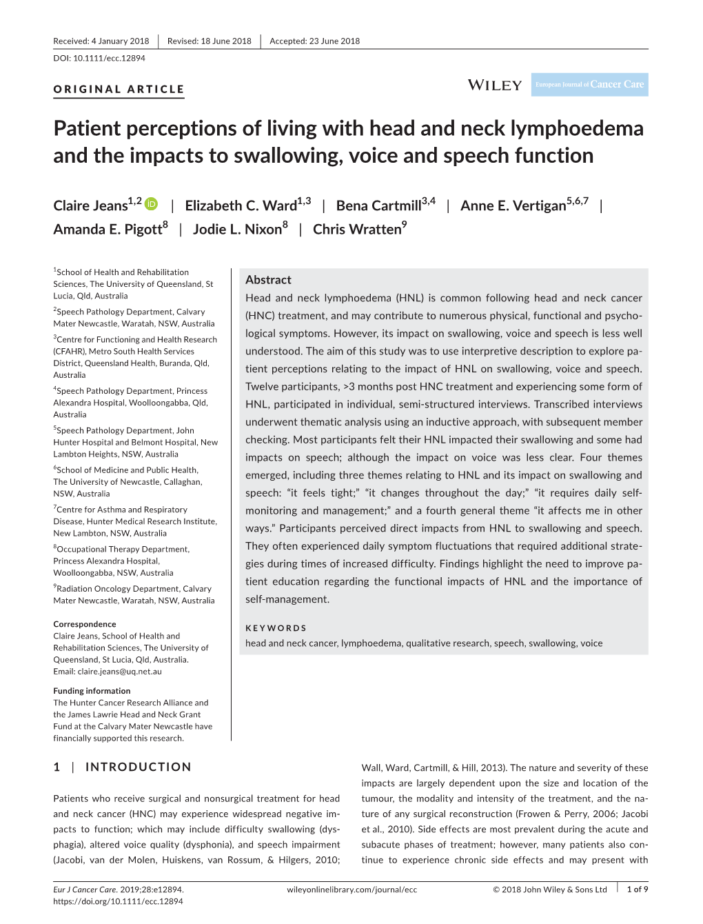 Patient Perceptions of Living with Head and Neck Lymphoedema and the Impacts to Swallowing, Voice and Speech Function