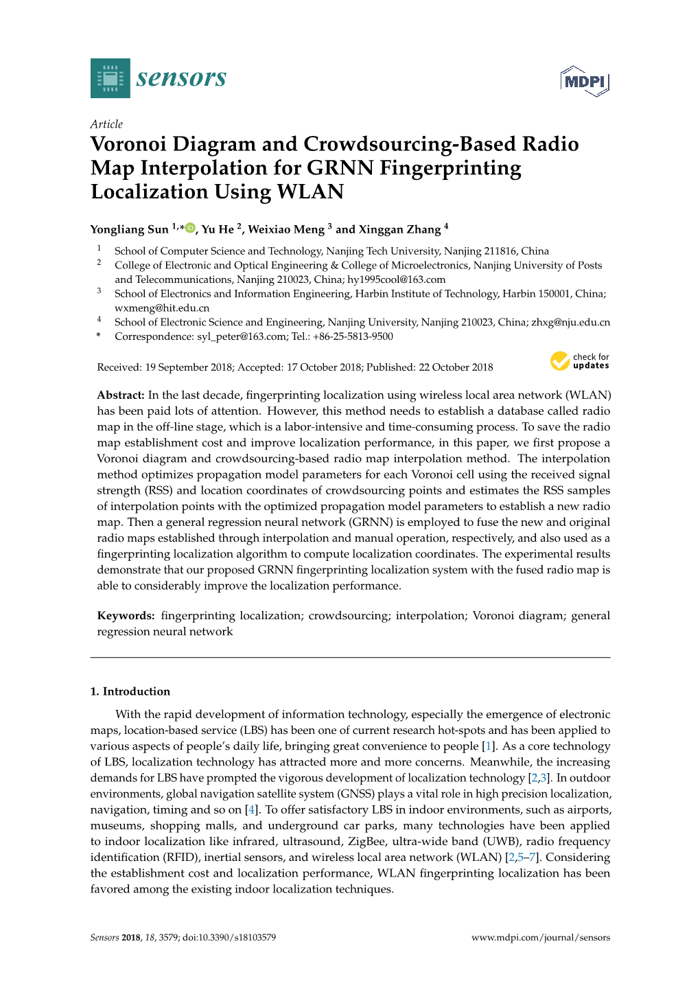 Voronoi Diagram and Crowdsourcing-Based Radio Map Interpolation for GRNN Fingerprinting Localization Using WLAN
