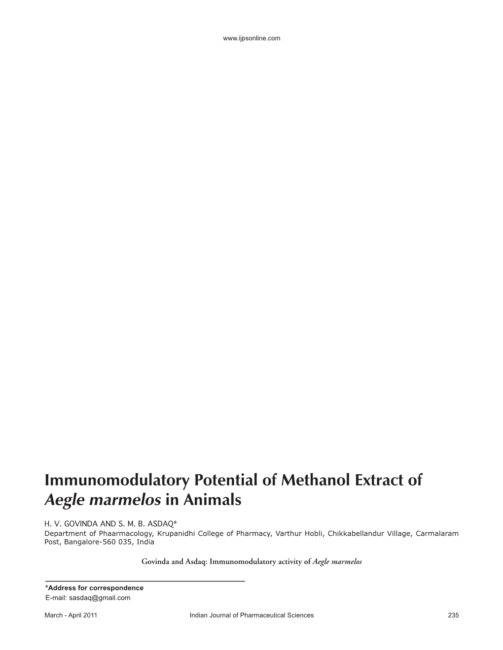 Immunomodulatory Potential of Methanol Extract of Aegle Marmelos in Animals