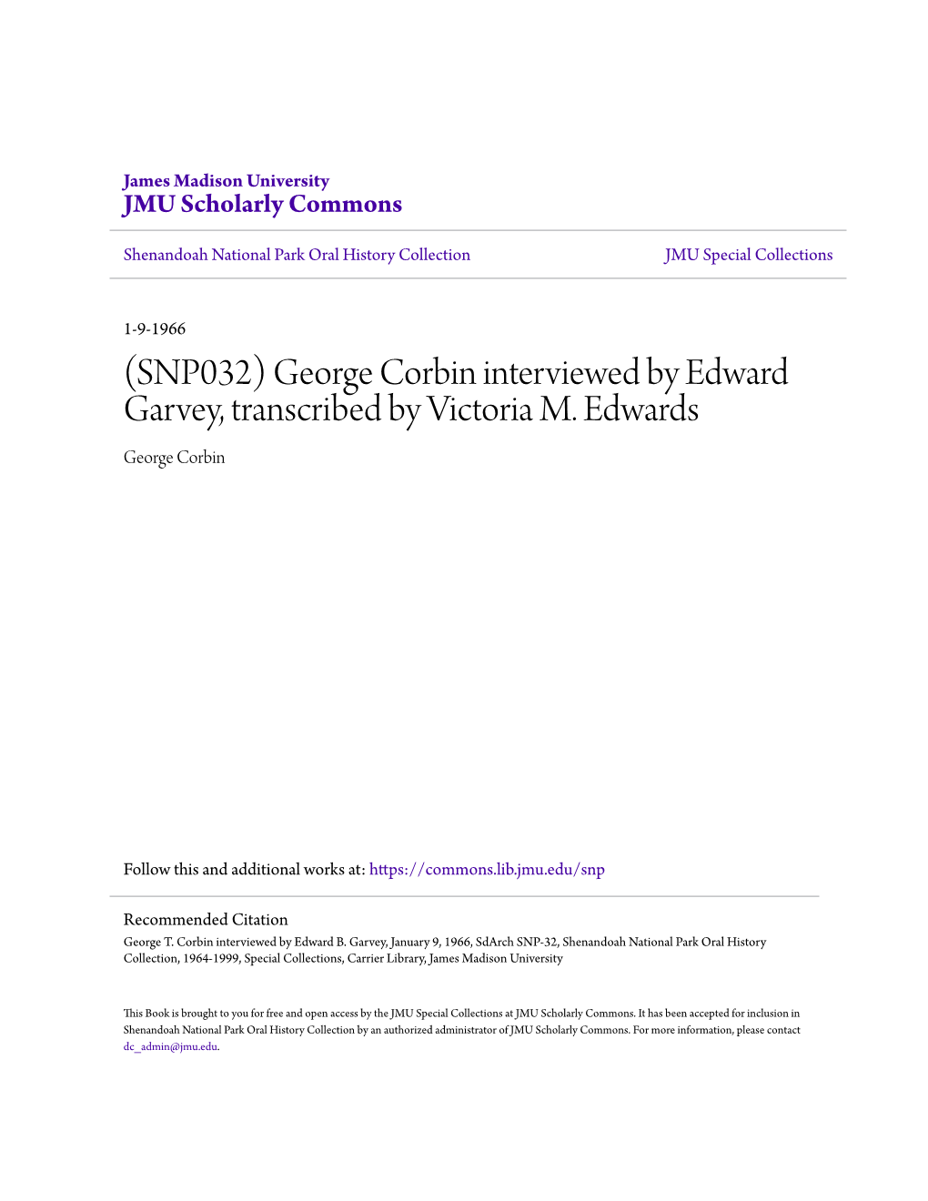 George Corbin Interviewed by Edward Garvey, Transcribed by Victoria M